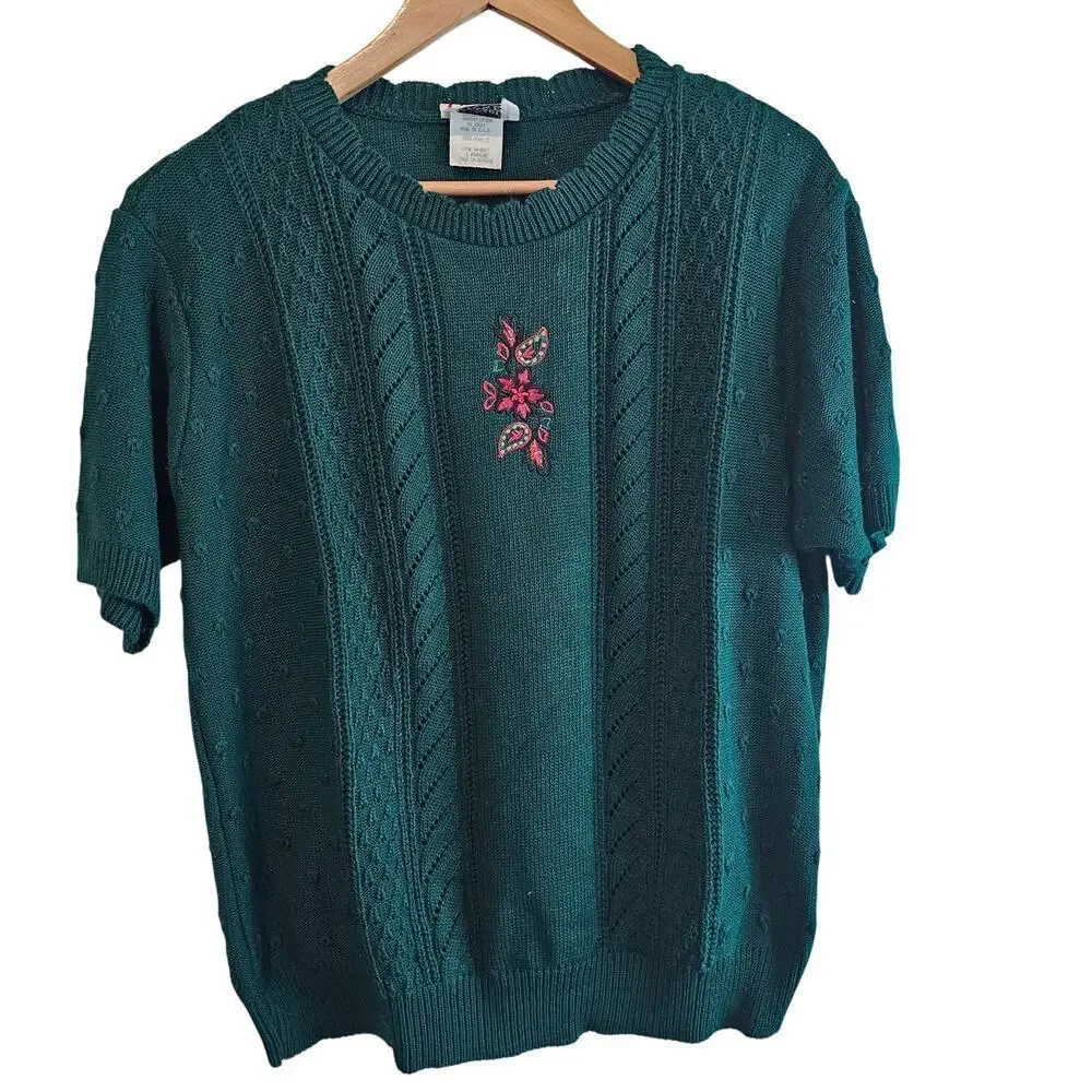 Vintage Floral Sweater Women Lg Green Paisley Knit Twee Preppy Cottage Neutral